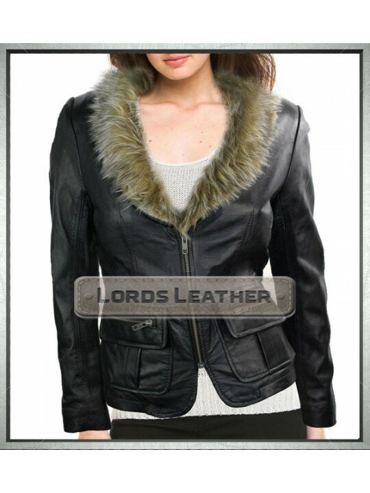 Black Fur Collar Ladies Leather Fashion Blazer Jacket